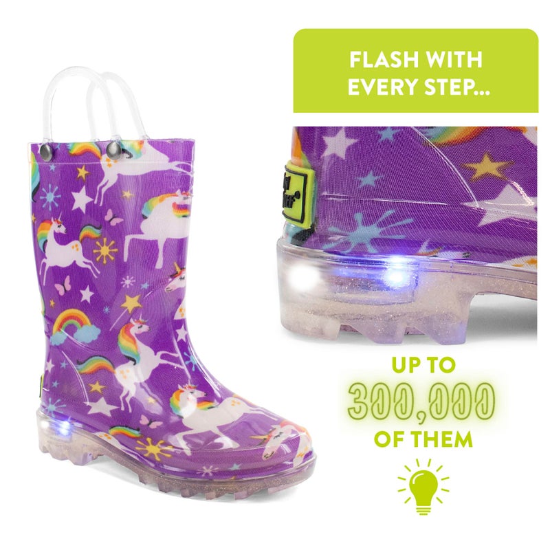 Western Chief Kids Waterproof Light Up Rain Boots With Handles for Easy On and Off for Boys and Girls, Rainbow Unicorn, Purple, 9 M US Toddler - Image 3